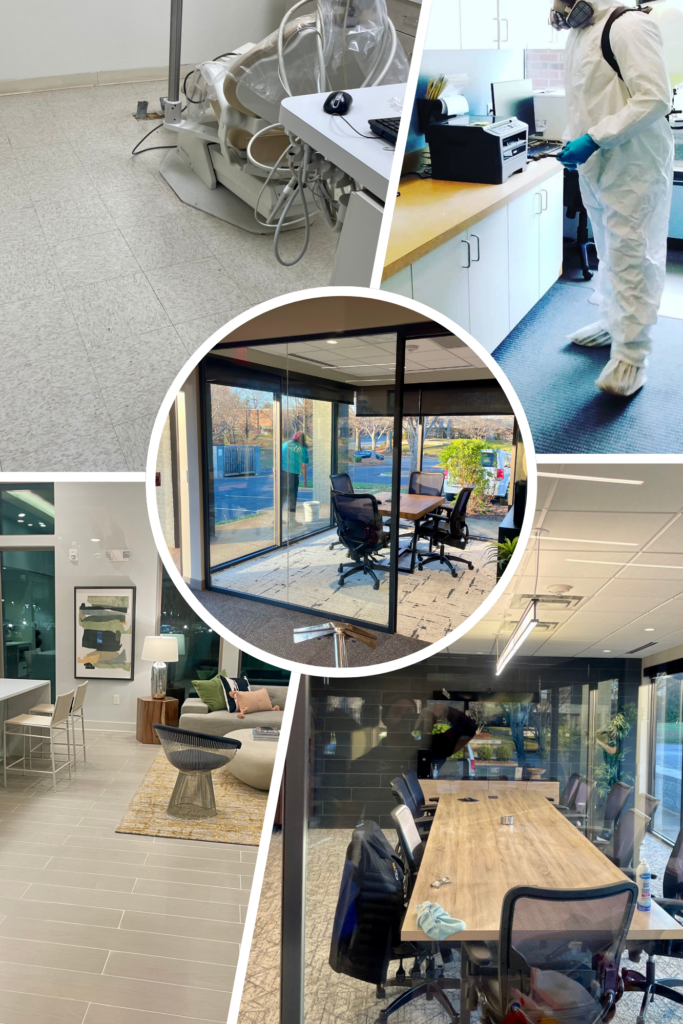 A collage showing TOH Services' diverse commercial cleaning projects in Charlotte, including medical offices, warehouse floor maintenance, and corporate glass cleaning.